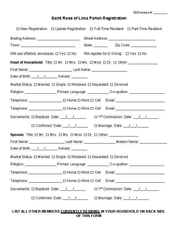 Saint Rose of Lima and Our Lady of the Snows Parish Registration Form